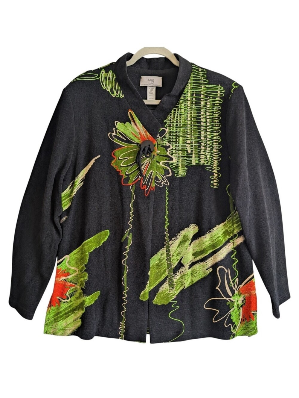 Y&S Moonlight Black One Button Jacket Floral Chartreuse Art To Wear Colorful XXL